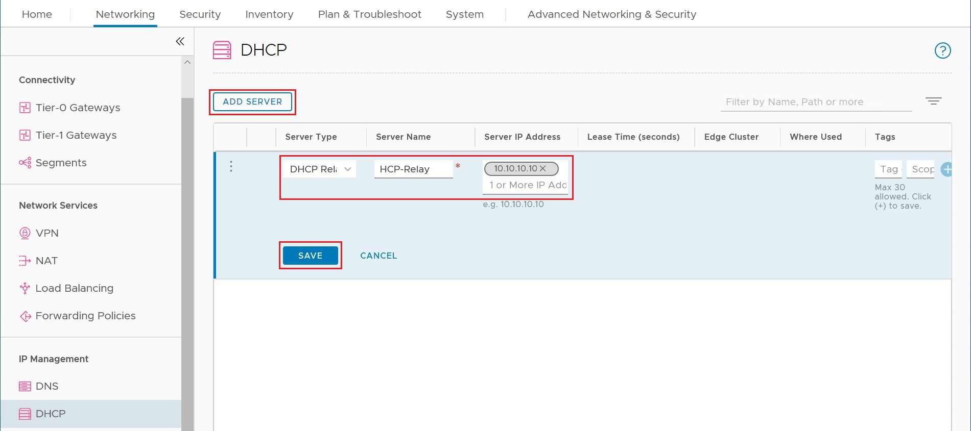 Schermopname die laat zien hoe u een DHCP Relay-service maakt in NSX Manager.