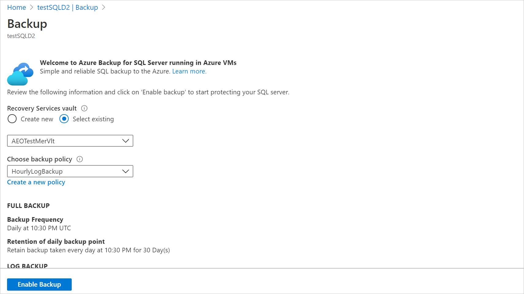 Schermopname die laat zien hoe u een back-upbeleid kiest.