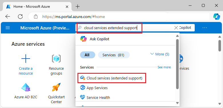 Schermopname van zoeken in Cloud Services (uitgebreide ondersteuning) in Azure Portal en het resultaat selecteren.