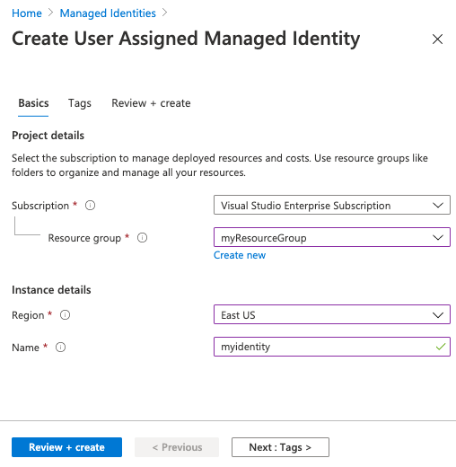 Schermopname van de opties voor het maken van een door de gebruiker toegewezen identiteit in de Azure Portal.