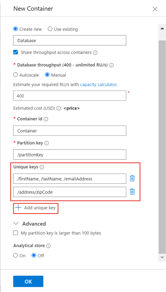 Schermopname van de vermelding unieke sleutelbeperking in Azure Portal