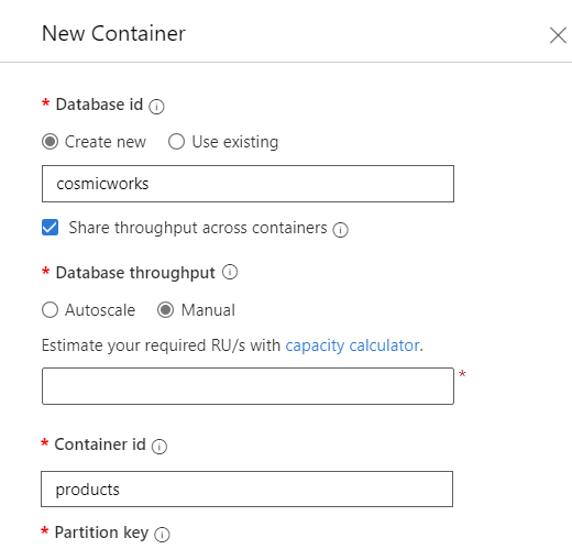 Schermopname van het dialoogvenster Nieuwe container in Data Explorer met verschillende waarden in elk veld.