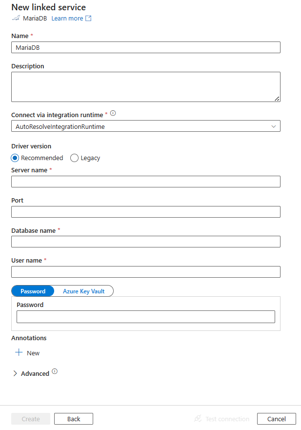 Schermopname van de configuratie van de gekoppelde service voor MariaDB.