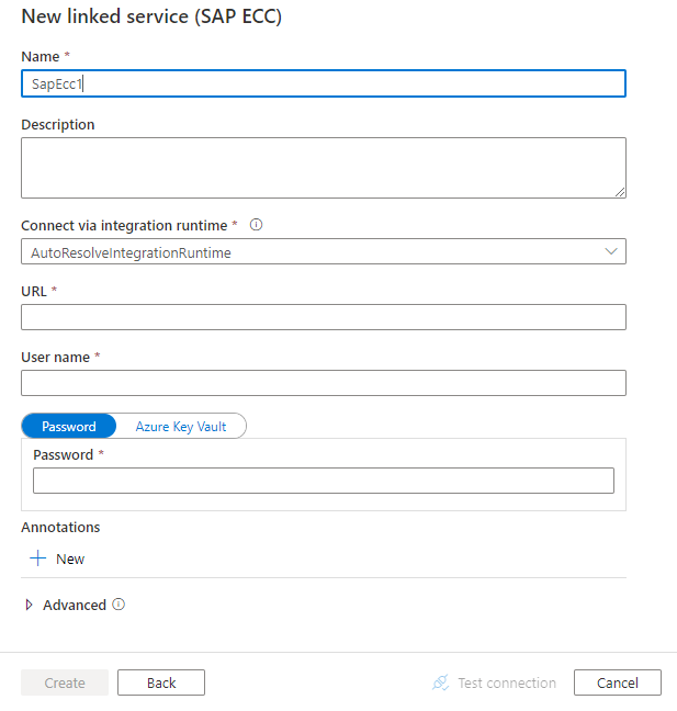 Schermopname van de configuratie van de gekoppelde service voor SAP ECC.