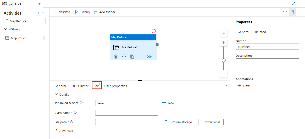 Toont de gebruikersinterface voor het jar-tabblad voor een MapReduce-activiteit.