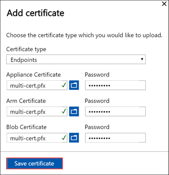 Schermopname van het scherm Certificaat toevoegen bij het toevoegen van eindpuntcertificaten aan een Azure Stack Edge-apparaat. De knop Certificaat opslaan is gemarkeerd.