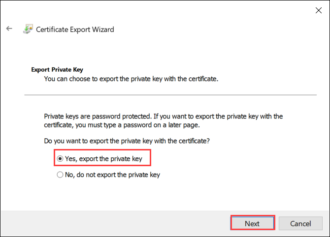 Schermopname van de pagina Persoonlijke sleutel exporteren van de wizard Certificaat exporteren. De optie Persoonlijke sleutel exporteren en de knop Volgende zijn gemarkeerd.