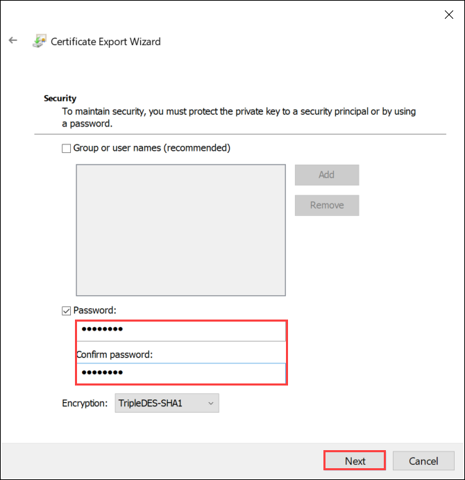 Schermopname van de pagina Beveiliging van de wizard Certificaat exporteren met een wachtwoord ingevoerd. De opties Wachtwoord en Wachtwoord bevestigen zijn gemarkeerd.