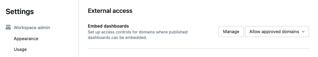 De instellingen voor werkruimtebeheer zijn toegankelijk onder de rubriek Dashboards insluiten.