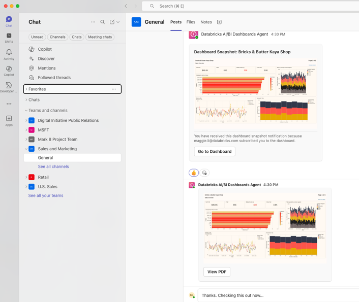 Voorbeeld van een Teams-melding met een momentopname van een dashboard
