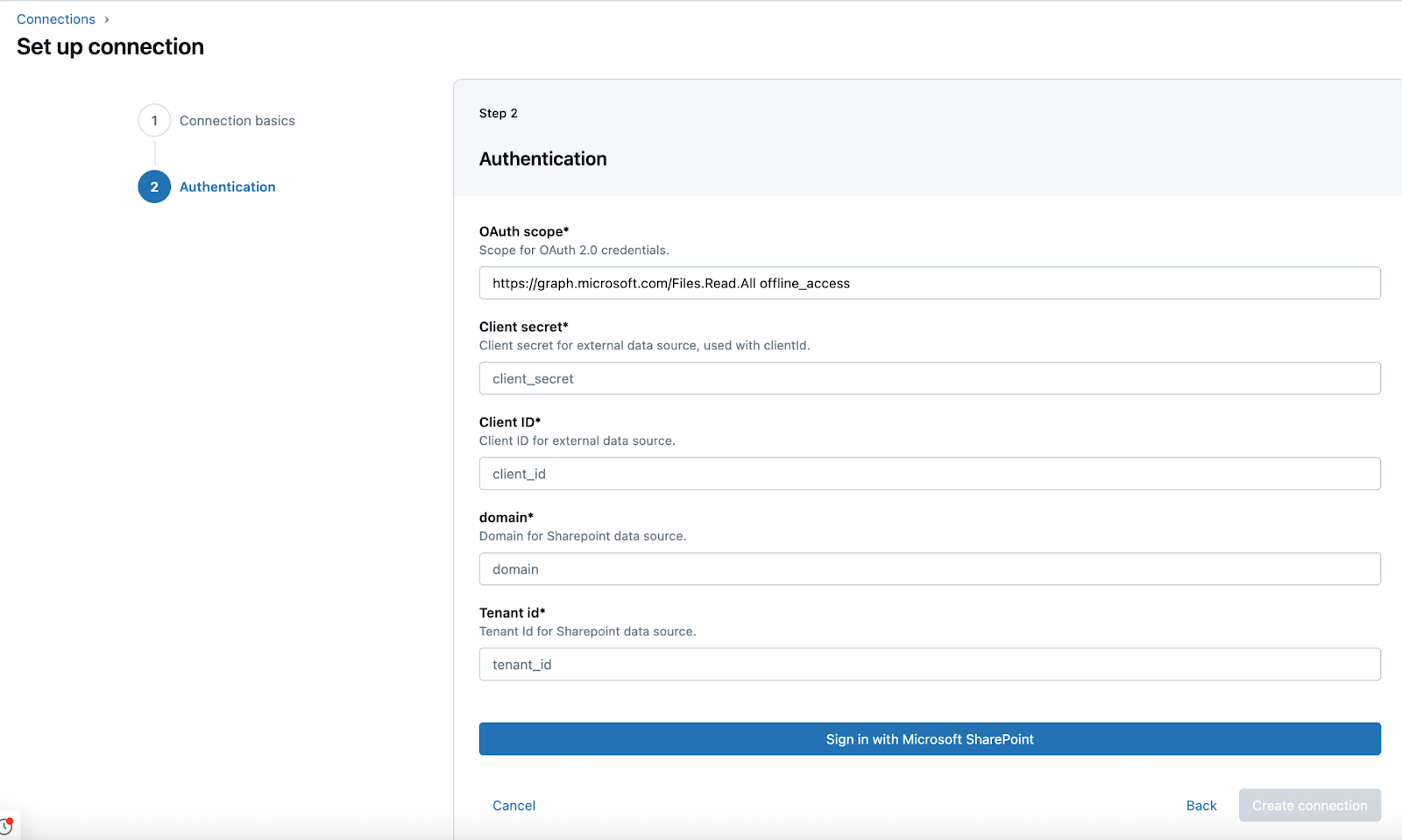 Vereiste velden voor een Unity Catalog-verbinding waarin SharePoint-verificatiegegevens worden opgeslagen
