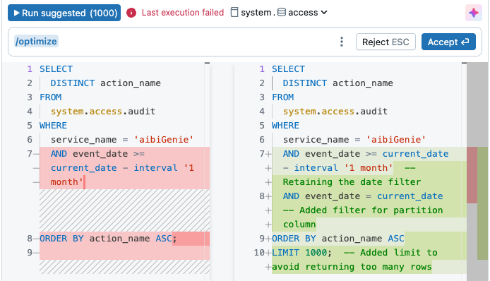 Een geoptimaliseerde query gegenereerd met behulp van de opdracht /optimize met Genie Code