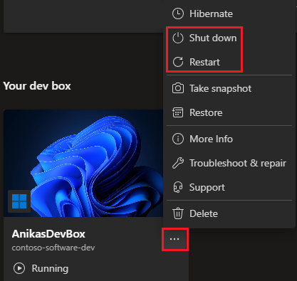 Schermopname van de ontwikkelaarsportal met het menu Acties voor een lopende ontwikkelaarsbox.