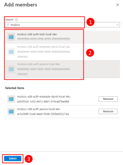 Een schermopname van het dialoogvenster Leden toevoegen waarin wordt getoond hoe u toepassingsservice-principals selecteert die in de groep moeten worden opgenomen.