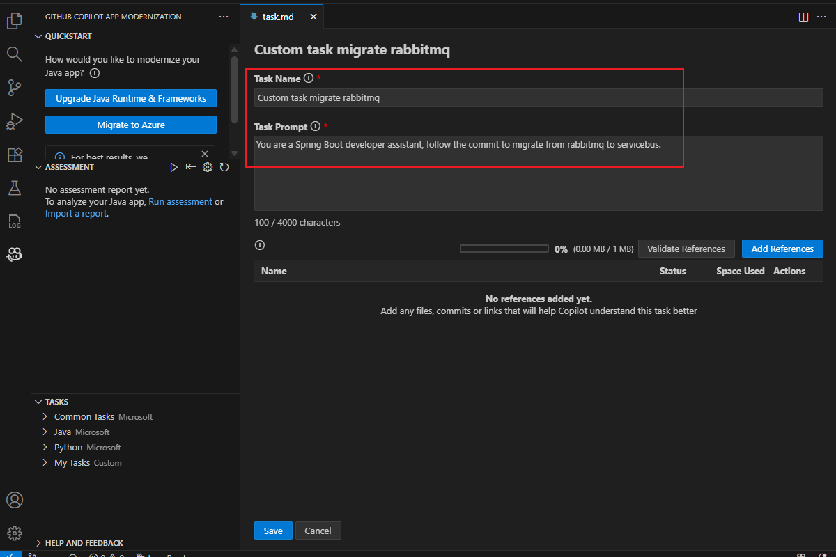 Schermopname van Visual Studio Code met de migratie rabbitmq-taak met de velden Taaknaam en Taakprompt gemarkeerd.