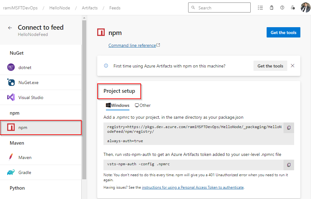 Een schermopname die laat zien hoe u een NPM-project instelt en verbinding maakt met een Azure Artifacts-feed in Azure DevOps Services.