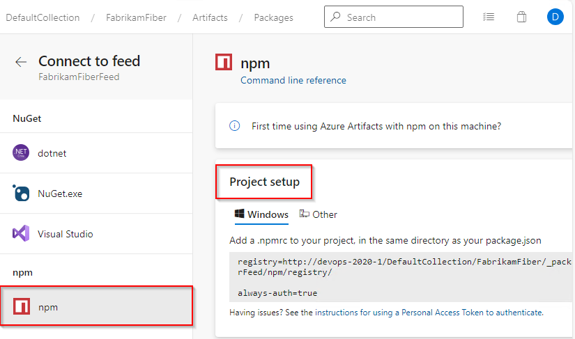 Een schermopname die laat zien hoe u een NPM-project instelt en verbinding maakt met een Azure Artifacts-feed in Azure DevOps Server 2020.