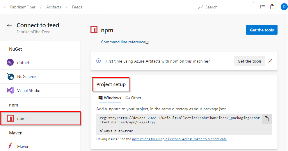 Een schermopname die laat zien hoe u een npm-project instelt en verbinding maakt met een Azure Artifacts-feed in Azure DevOps Server 2022.