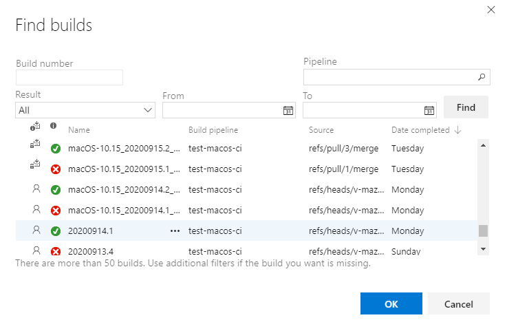 Schermopname van het dialoogvenster Builds zoeken, koppeling naar een build binnen uw project.