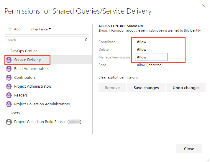 Schermopname van het dialoogvenster Machtigingen voor een querymap, Azure DevOps Server 2019.