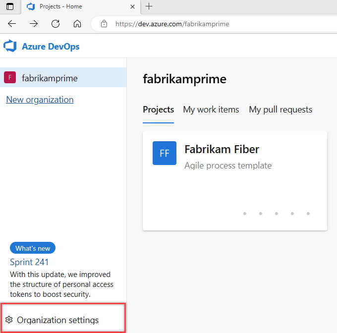 Schermopname van de knop Organisatie-instellingen in Azure DevOps.