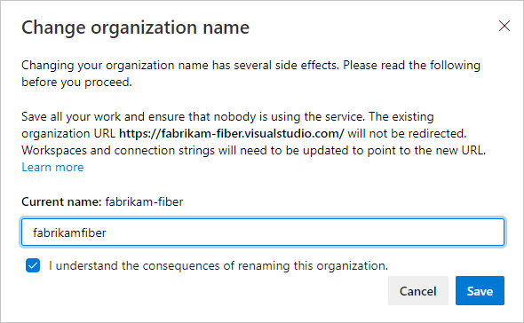 Schermopname van het bevestigingsscherm voor de naam van de organisatie.