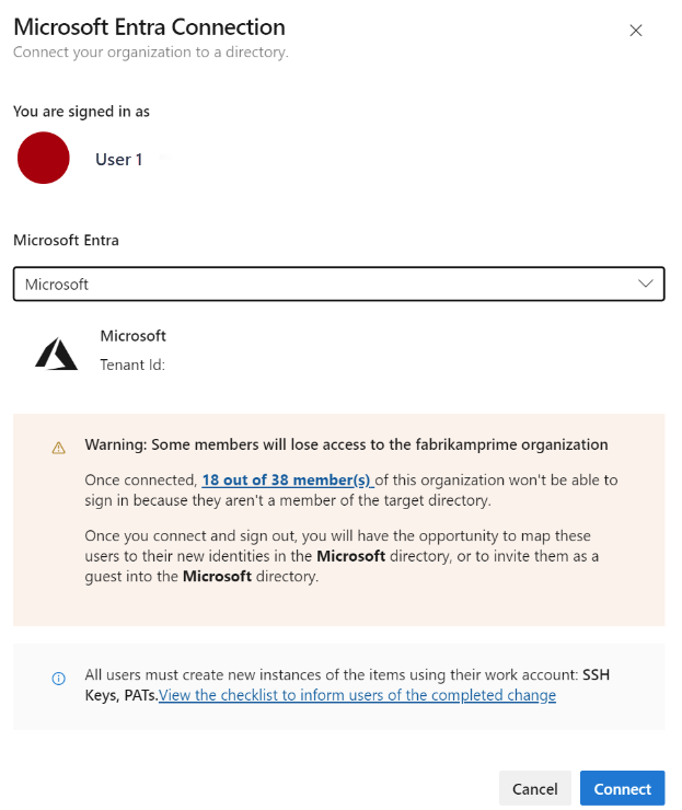 Schermopname van microsoft Entra-verbindingswaarschuwing.