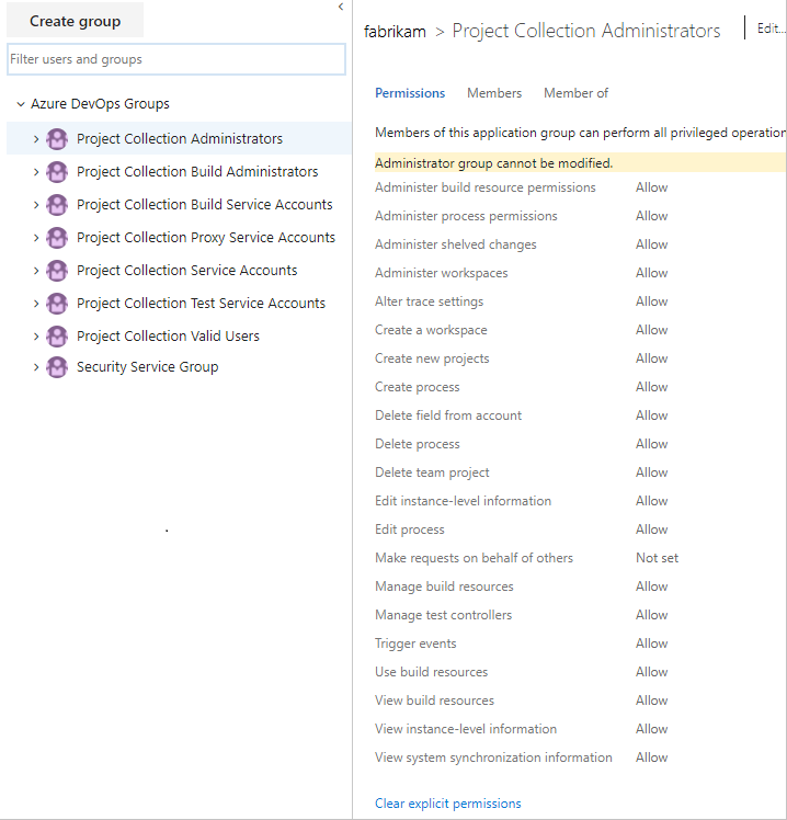 Schermopname van Project-verzamelingsgroepen, on-premises versies.