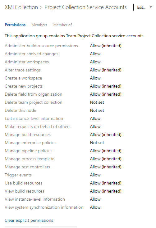 Schermopname van machtigingen op verzamelingsniveau, on-premises, on-premises XML-procesmodel.