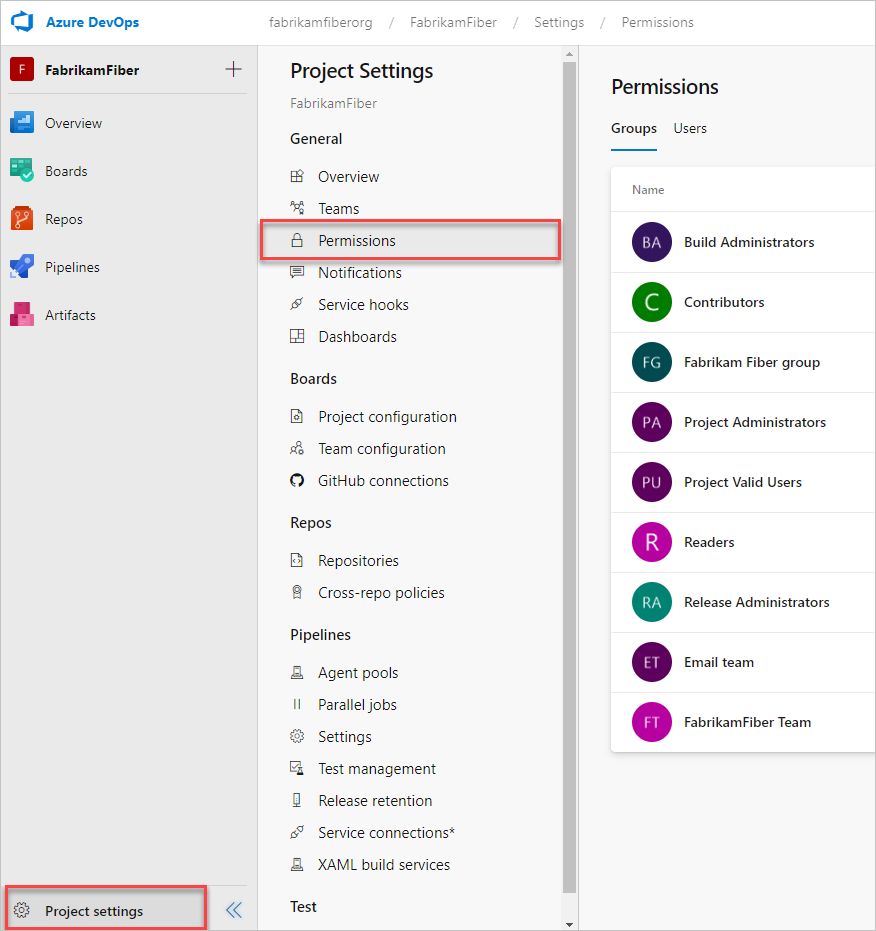 Schermopname van selecties, Machtigingen voor Project-instellingen > .