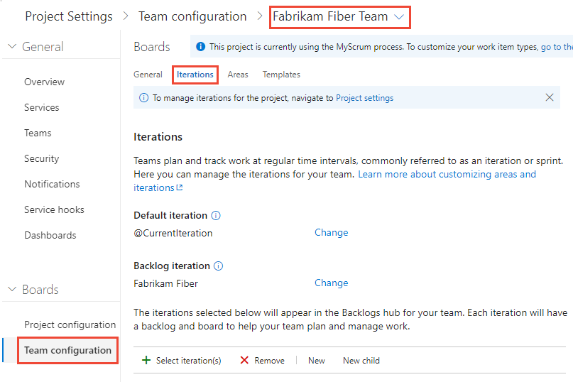 Schermopname van de pagina Project-instellingen, Teamconfiguratie, Iteraties.