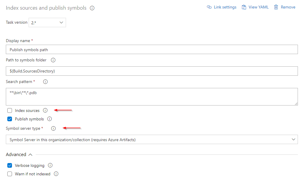 Een schermopname die laat zien hoe u de publicatietaak configureert voor het publiceren van draagbare PDBs naar de symboolserver van Azure Artifacts.