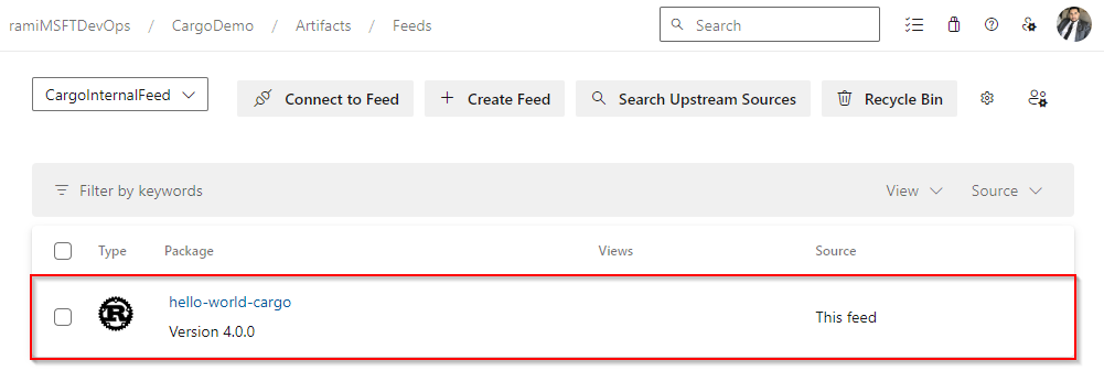 A screenshot showing the hello-world-cargo crate published to the feed.