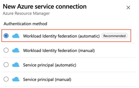 Schermopname van de selectie van de verificatiemethode voor workloadidentiteitsfederatie (automatisch).