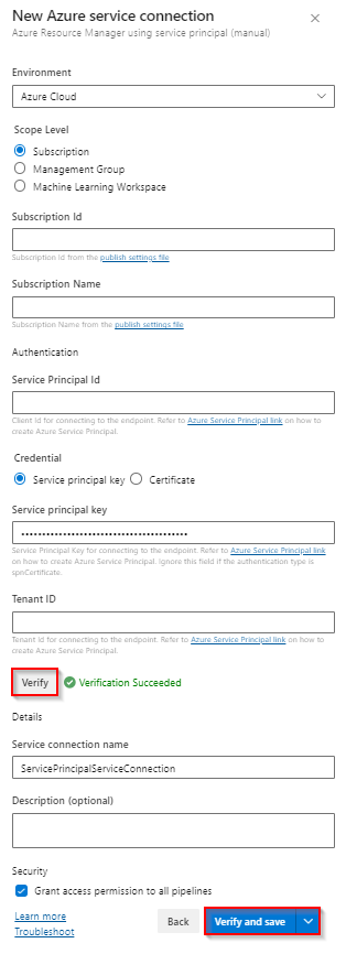 Een schermopname die laat zien hoe u een nieuwe Azure Resource Manager-serviceverbinding maakt met behulp van een service-principal.