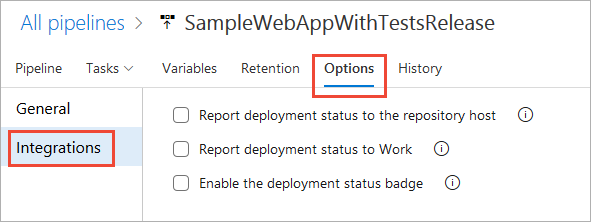 Schermopname van integratieopties voor klassieke pijplijnen, Azure DevOps 2019 en eerdere versies