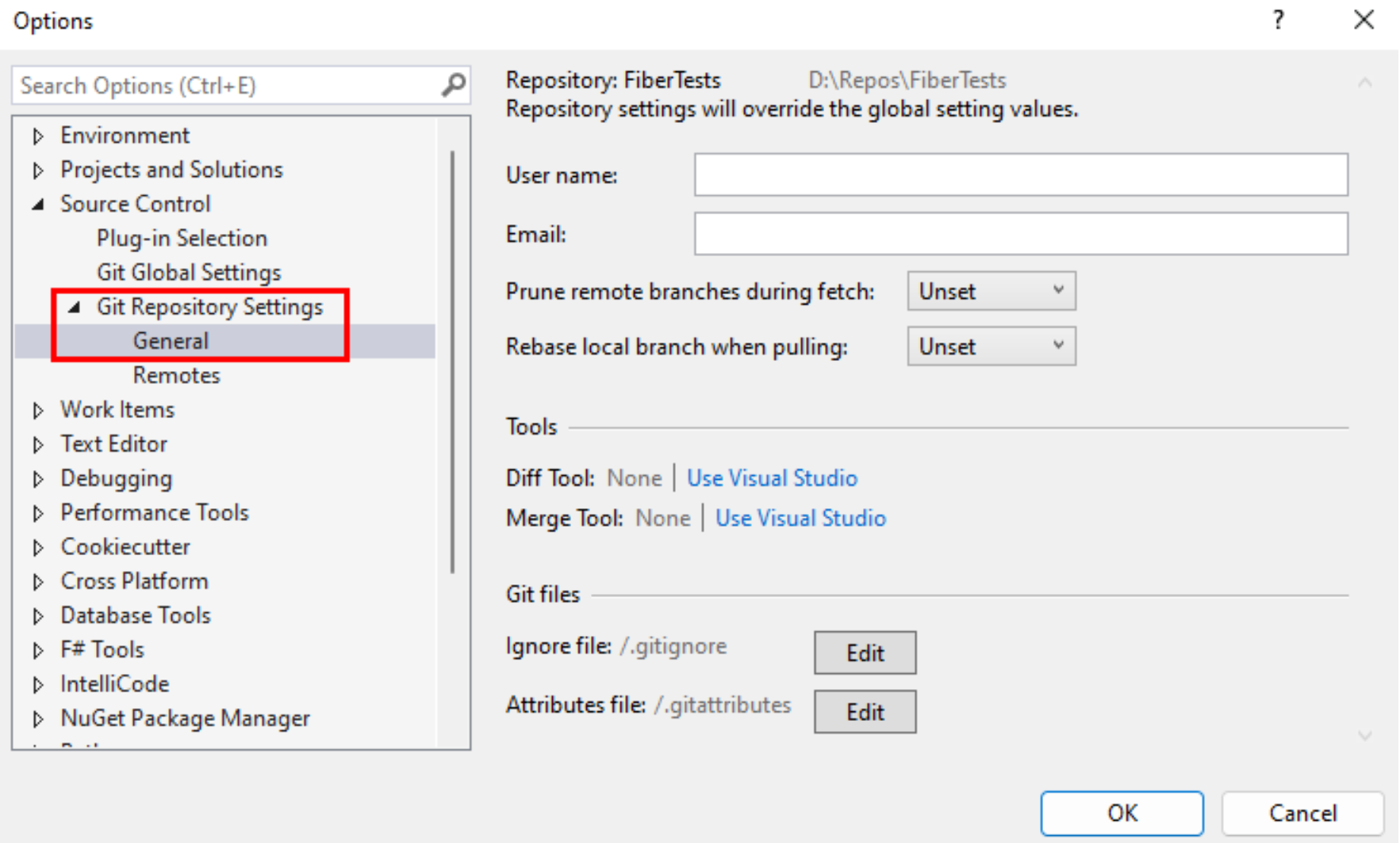 Schermopname van Git Repository Instellingen in het dialoogvenster Opties van Visual Studio.