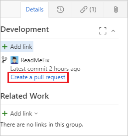 Schermopname van het maken van een pull-aanvraag vanuit het gebied Ontwikkeling van een werkitem met een gekoppelde vertakking.