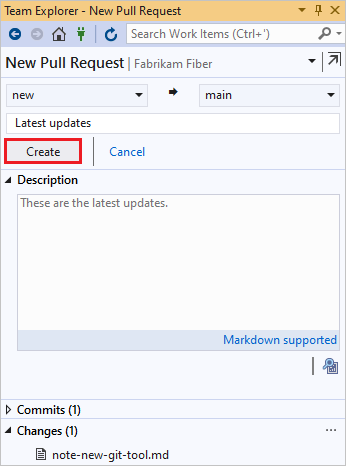 Schermopname van het maken van een nieuwe P R in Visual Studio Team Explorer.