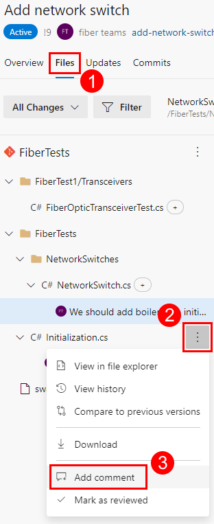 Schermopname van het contextmenu van de bestandsstructuur op het tabblad Bestanden van een Azure Repos P R.