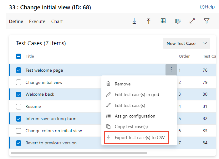 Schermopname van geselecteerde testcases, Testcases exporteren naar CSV.