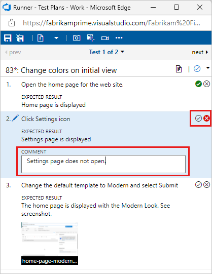 Schermopname waarin Test Runner is geopend voor een mislukte test, waar u een opmerking kunt invoeren.