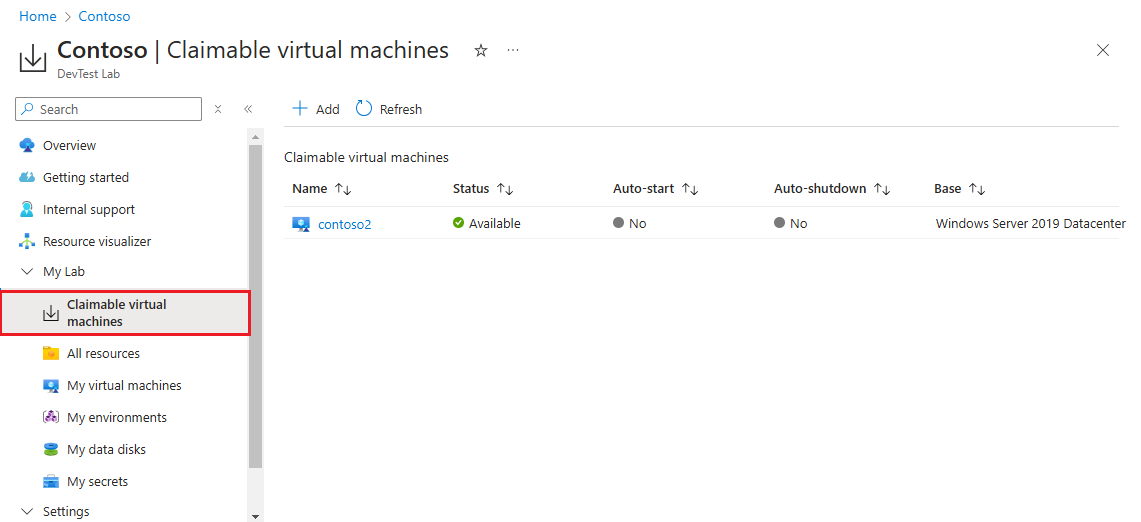 Schermopname van de pagina Claimbare virtuele machines van het lab.