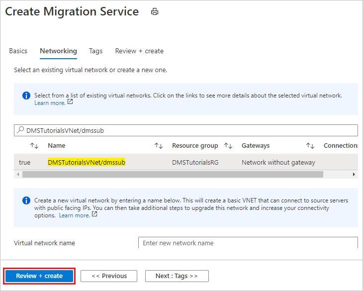 Schermopname van netwerkinstellingen voor azure Database Migration Service-exemplaren configureren.