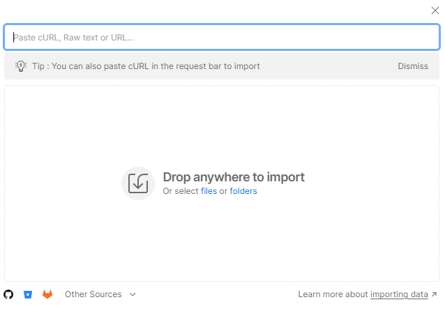 Screenshot that shows importing collection and environment files in Postman via URL.