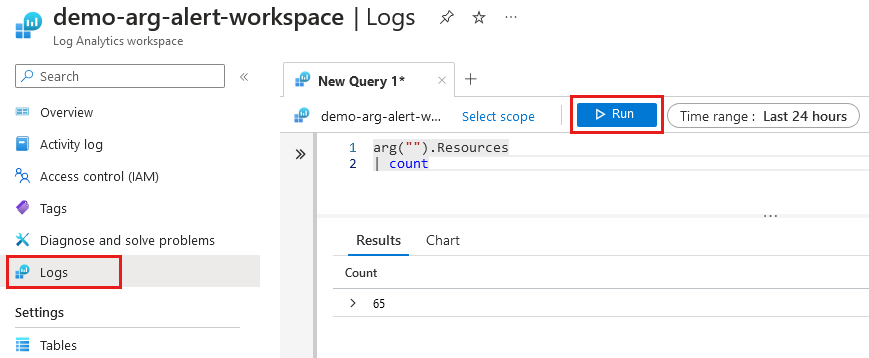 Schermopname van de Log Analytics-werkruimte met een query van de tabel Resources waarin logboeken worden gemarkeerd en de knop Uitvoeren is gemarkeerd.