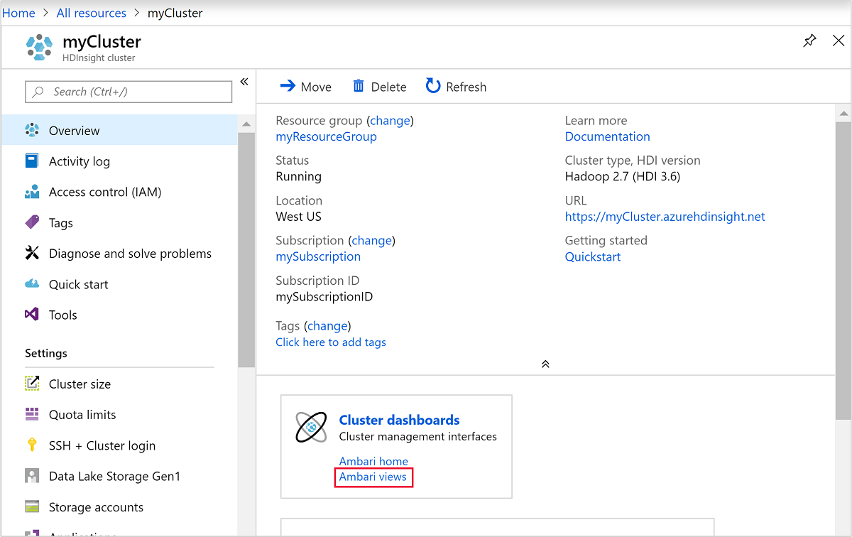 Schermopname van hdInsight linux aan de slag met clusterdashboard.