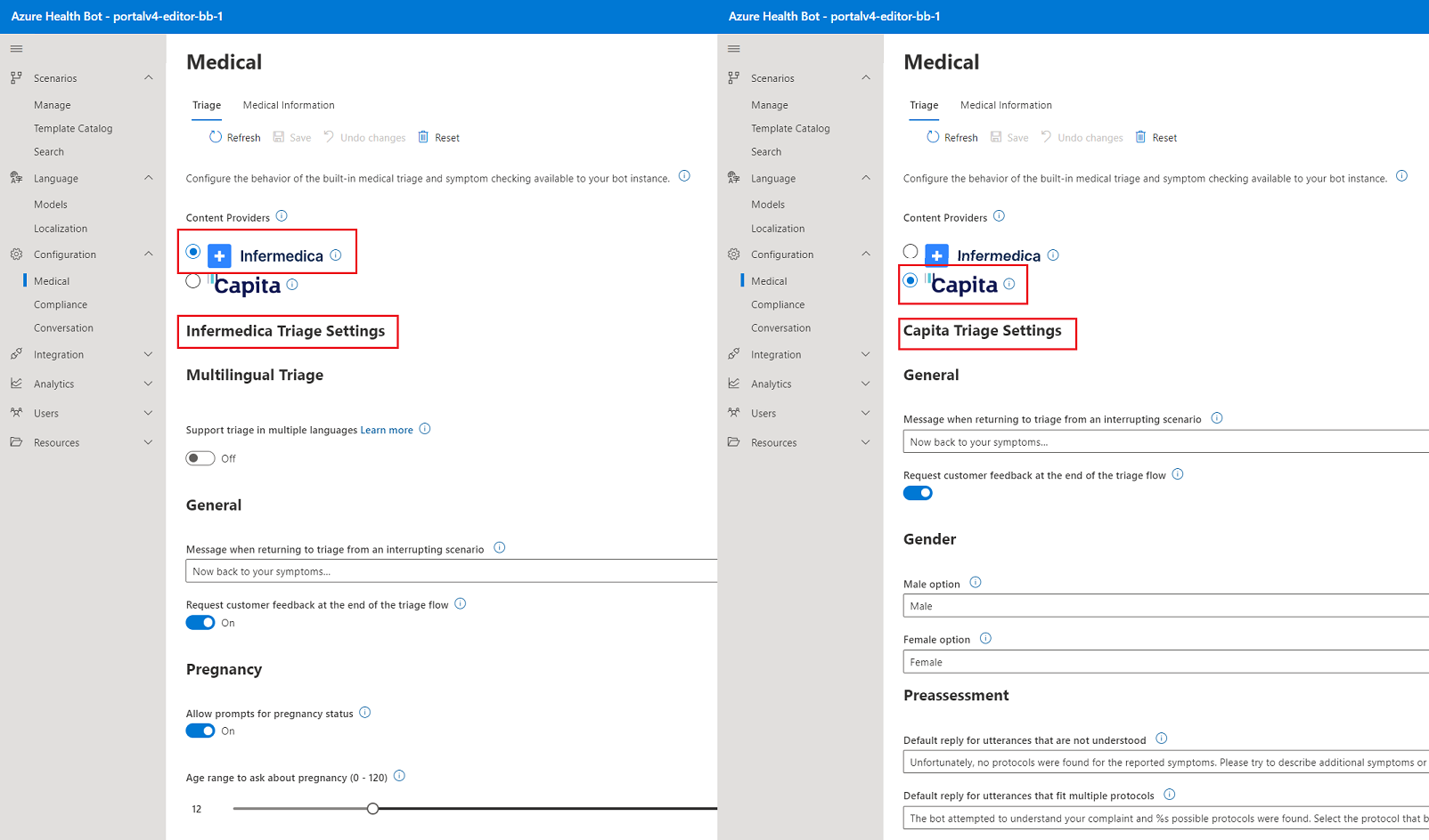 Screenshot of the Infermedica and Capita triage configuration