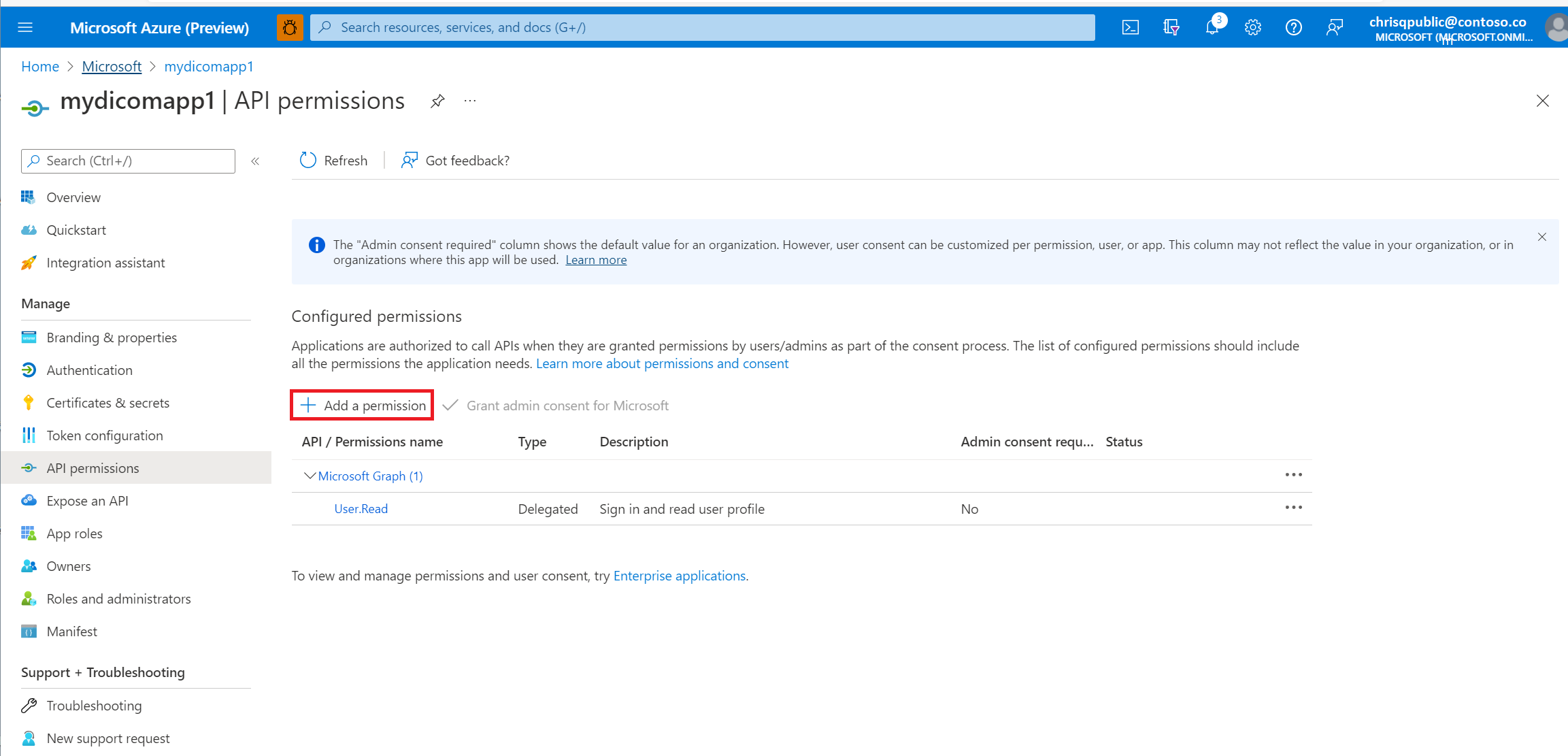 Schermopname van de pagina API-machtigingen met de knop Een machtiging toevoegen gemarkeerd.