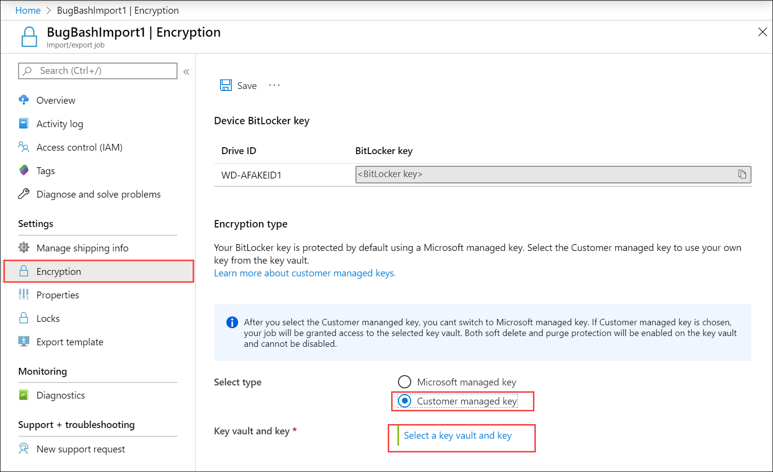 Screenshot of Encryption blade for Azure Import/Export job. 